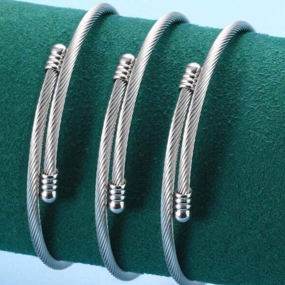 Stainless Steel Cable Wire Cuff Bracelets (Set of 3) - Picture 2 of 3